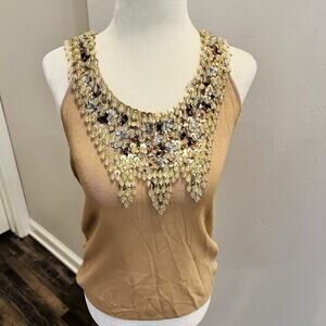 Joseph A. Knit Sequence Beads Sleeveless Tank Top Women Brown Viscose Si…